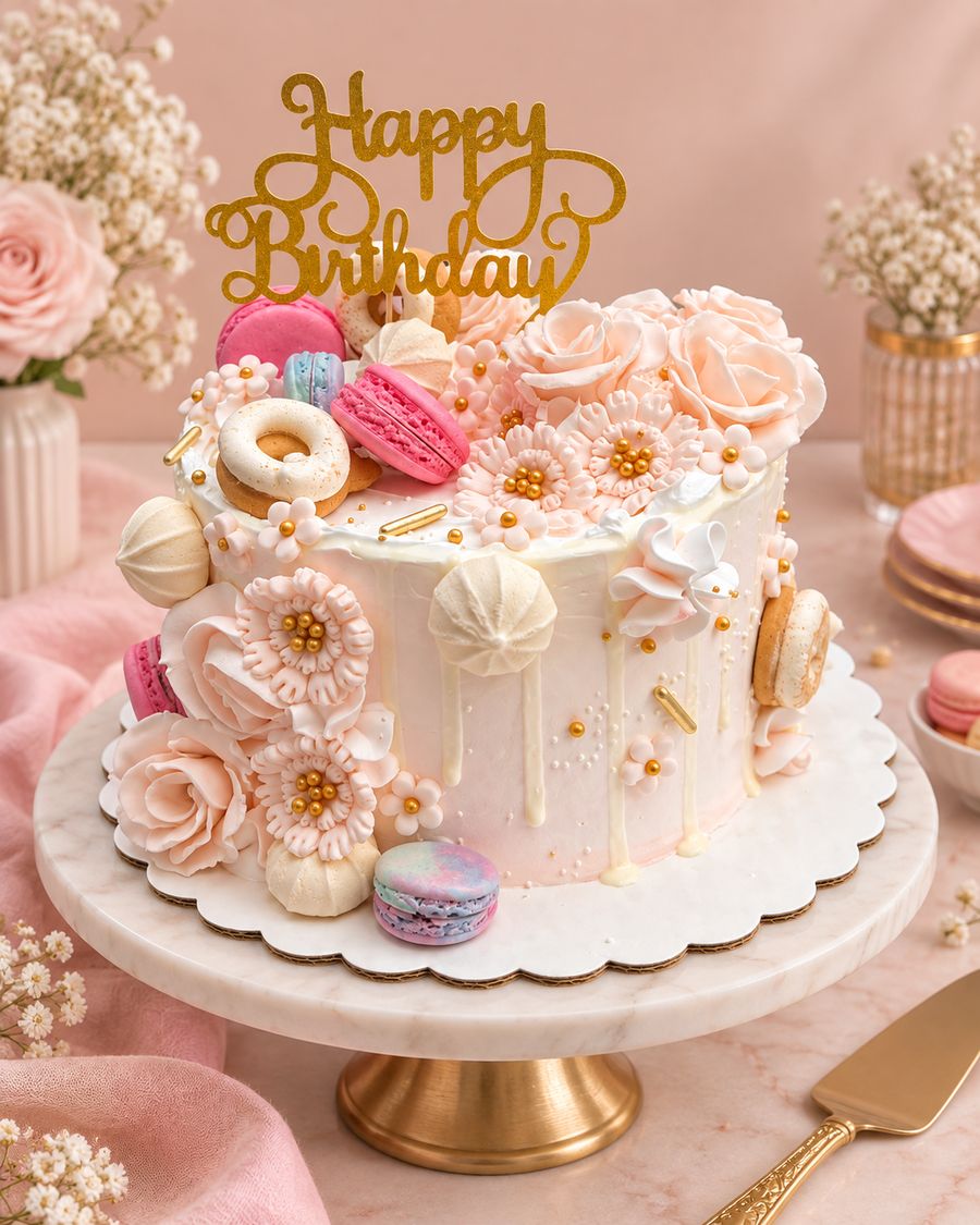 White floral birthday cake with macarons and a gold Happy Birthday topper