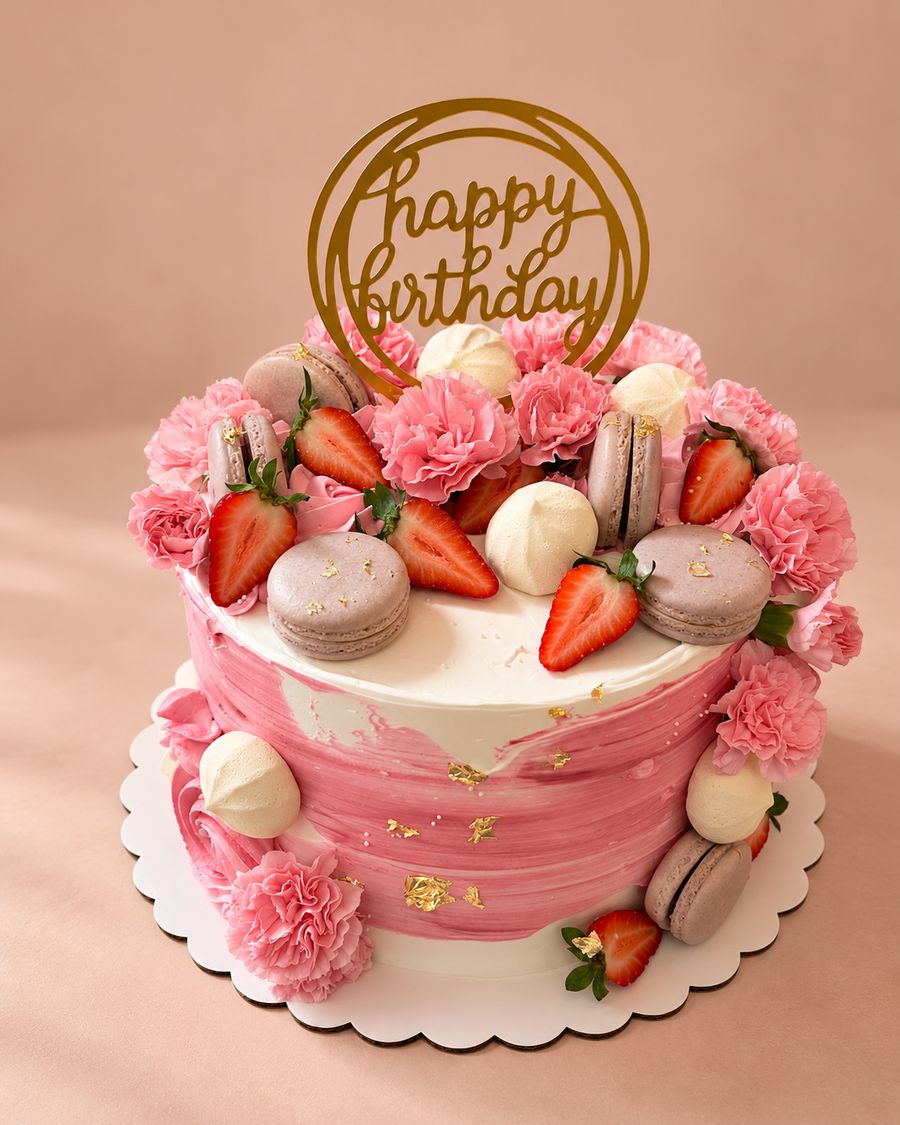 Pink cake with carnations, strawberries, macarons and a gold topper