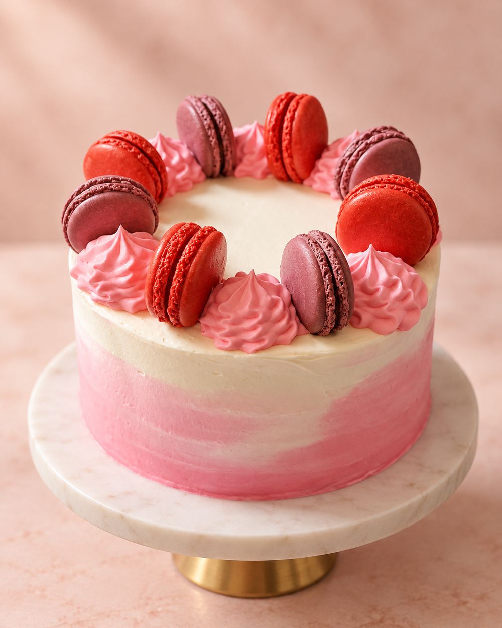 Pink ombré cake topped with macarons