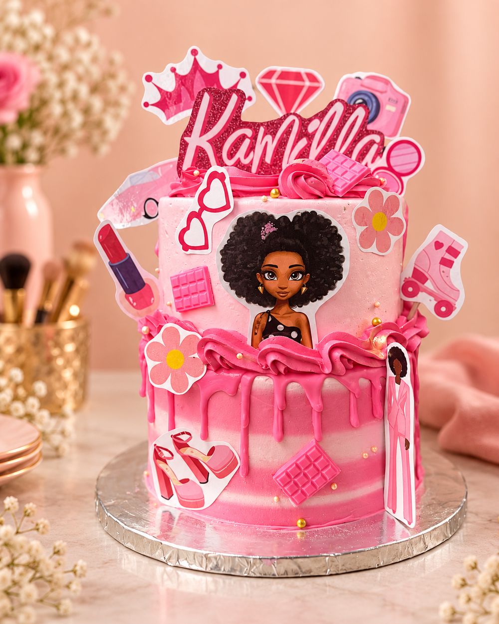 Pink two-tier birthday cake