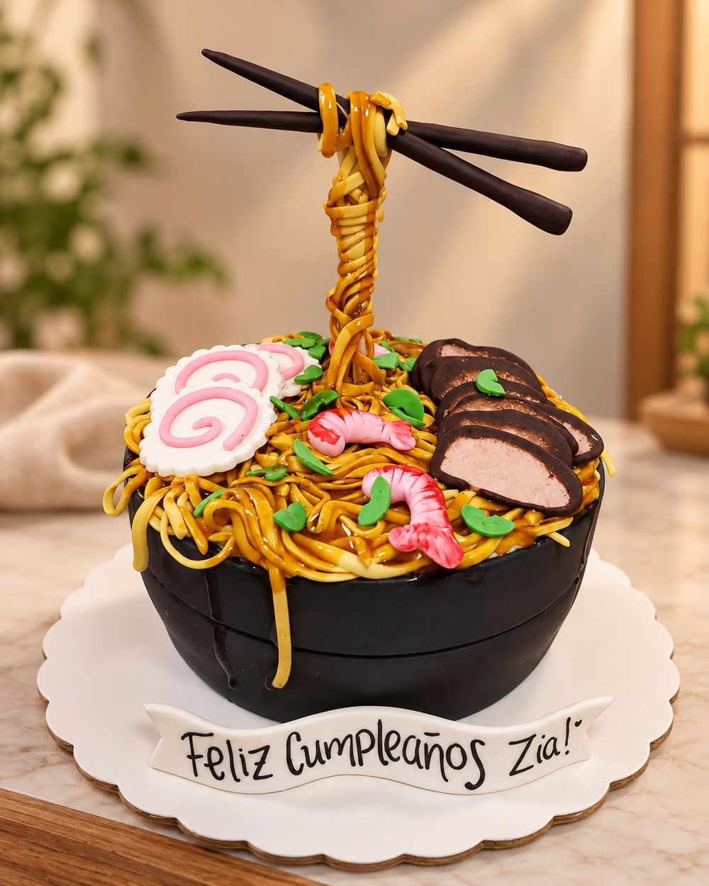 Ramen bowl cake with fondant noodles and chopsticks