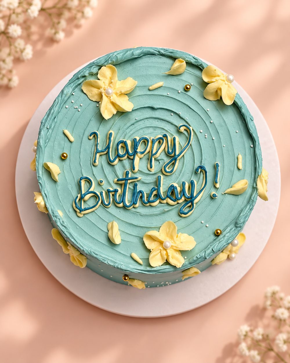 Teal birthday cake with yellow flowers